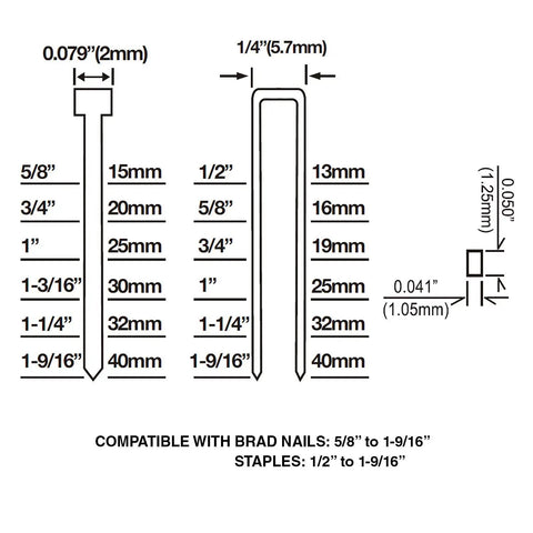 Diagram of brad nails and staples sizes compatible with Smooth Operator Pneumatic 4 In 1 18 Gauge Mini Flooring Nailer And Stapler.