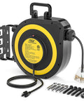 Retractable 55Ft Extension Cord Reel For Garage And Workshop with lighted triple tap outlet, mounting bracket, and hardware