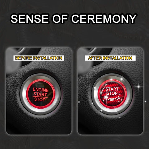 Before and after installation of Carbon Fiber Start Button Cover For Cars 25 To 26mm Universal Interior Ignition Button Trim Red Finish Protective Durable Push Start Stop Button Decoration Kit For A Slick Ride Upgrade And Button Shield