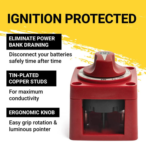 Beefy Heavy Duty Battery Disconnect Switch 300 Amp Ignition Protected For RVs Boats And Cars 12 Volt To 48 Volt Safe Battery Isolation And Power Cutoff Red featuring ergonomic knob and copper studs.