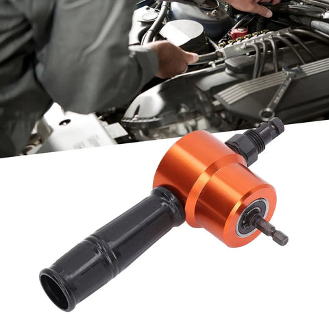 Powerful 360 Degree Electric Nibbler Attachment With Double Head Cutter For Sheet Metal, Steel And HVAC Repair shown from an angle.
