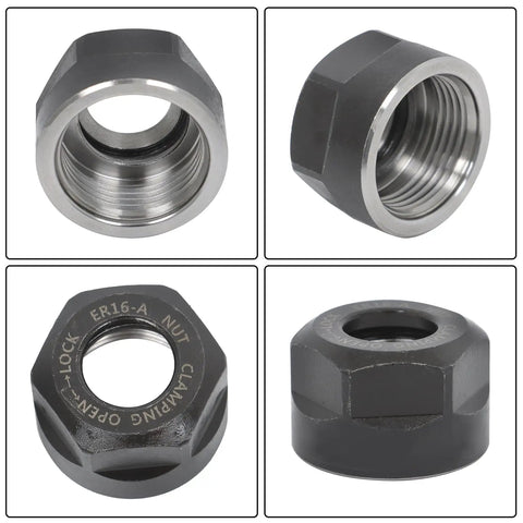 Solid 5 Pack Of Er16-A Collet Nuts For Cnc Milling Machine Clamps, Hardened Steel Clamp Holder, super smooth threads close-up view.