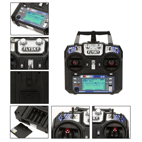 Front and detailed views of Flysky FS i6 AFHDS 2A 2.4GHz 6 Channel Radio Transmitter with FS iA6 Receiver