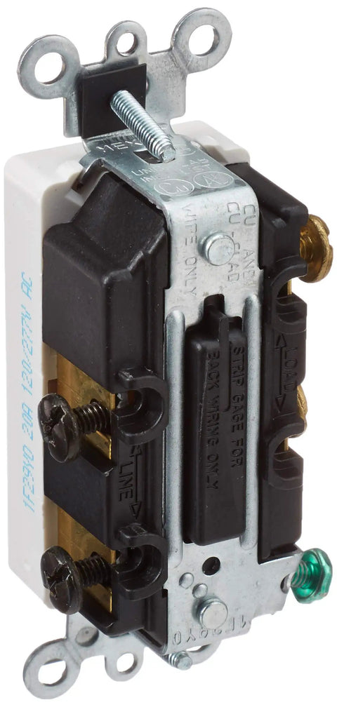 Side view of Decora Plus Rocker Double Pole AC Quiet Switch 20 Amp 120 to 277 Volt back and side wiring, heavy duty 5622-2W