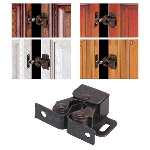 Double Roller Cabinet Lock Latch with Mounting Screws installed on various cupboard doors.