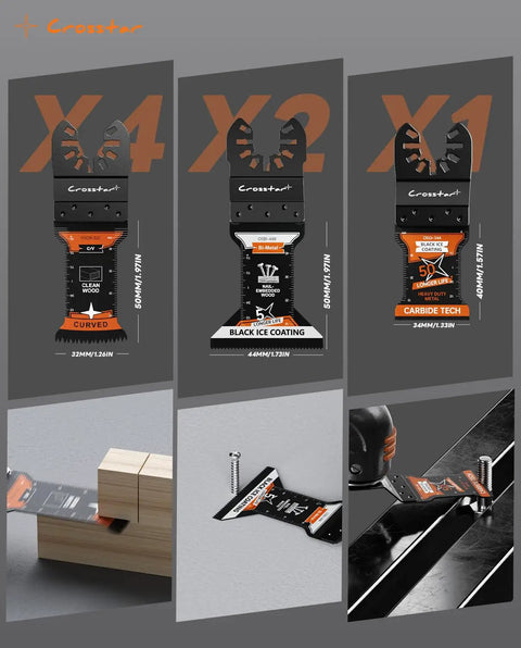Tough As Nails Oscillating Multi Tool Blades Seven Piece Kit showing various blades including bi-metal and carbide for wood and embedded nails.