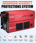 Kickass 600W Car Power Inverter Converts 12V DC To 110V AC With PD 30W USB C Port and dual AC plugs, showcasing advanced security protections.