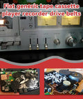 Cassette tape drive belts installed in a stereo system illustrating 50 pack flat rubber belts replacement for cassette players.