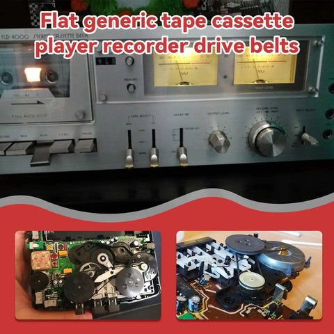 Cassette tape drive belts installed in a stereo system illustrating 50 pack flat rubber belts replacement for cassette players.