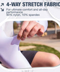 Person stretching a cooling arm sleeve, showcasing 4-way stretch fabric. Cooling Arm Sleeves For Men And Women, Breathable Moisture Wicking Sun Protection For Sports, Basketball, Football, Running, Golf, Cycling, Volleyball, And More, Comfortable All Day Arm Coverage.