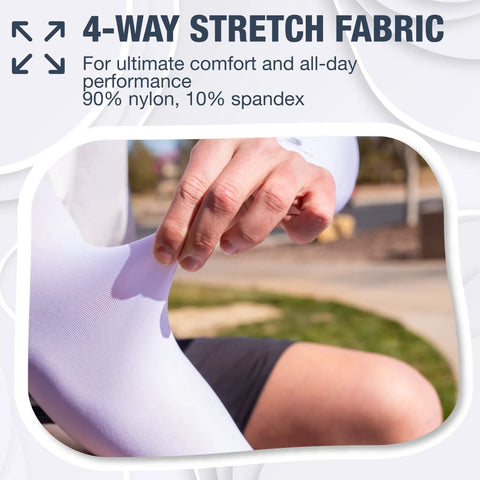 Person stretching a cooling arm sleeve, showcasing 4-way stretch fabric. Cooling Arm Sleeves For Men And Women, Breathable Moisture Wicking Sun Protection For Sports, Basketball, Football, Running, Golf, Cycling, Volleyball, And More, Comfortable All Day Arm Coverage.