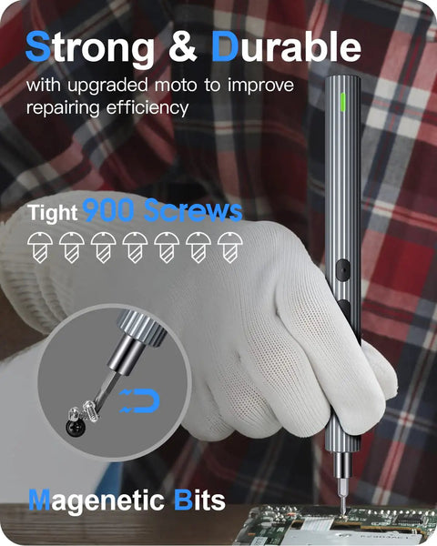 Mini Electric Screwdriver 62 In 1 Cordless Precision Power Tool Kit with 48 Magnetic Bits in use, ergonomic grip shown