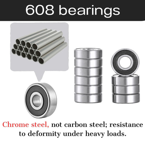 608 RS Chrome Steel Ball Bearings 100 Pack 8x22x7mm shown with stacked bearings and close-up view