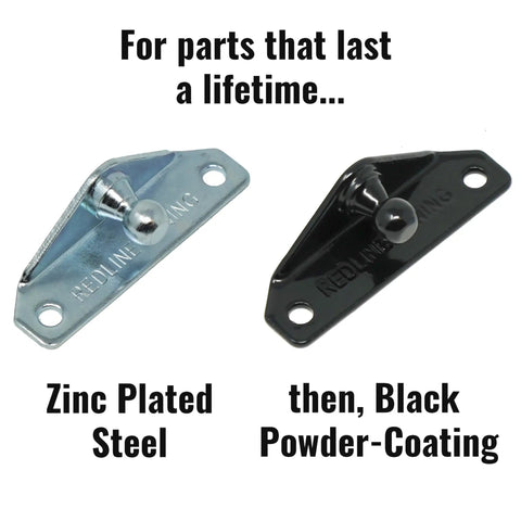 Heavy Duty 10mm Ball Stud Mounting Brackets Pack Of Four Built Tough As Nails With A Slick Black Powder Coat shown in zinc steel and black powder coat.
