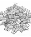 100 Pack Aluminum Hourglass Crimping Loop Sleeves for 3/32 Inch Wire Rope Mechanical Cable Fittings stacked together.