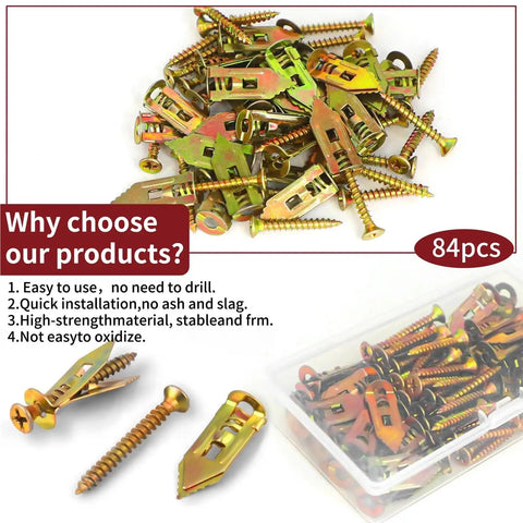 252 Piece Self Drilling Anchor And Screw Kit For Drywall And Walls Multipurpose Expansion Screws With Yellow Zinc Plating High Strength Carbon Steel Rust Resistant Long Lasting Fasteners For DIY Projects, 84pcs shown
