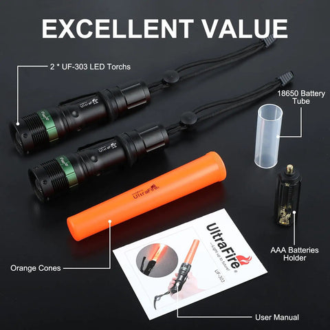 Two Pack 11 Inch LED Signal Traffic Wand Flashlight 250 Lumen Red Flashing Mode With Wrist Strap Lanyard Side Clip