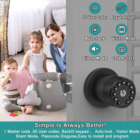 Keypad Door Knob With Keyless Entry and Code Lock shown in family setting, featuring user codes and backlit keypad details.