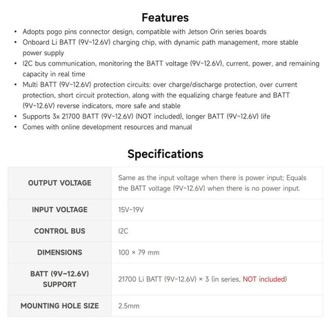 Specifications and features of Uninterruptible Power Supply UPS Module for Jetson Orin, highlighting I2C, pogo pin, 21700 Li battery support.