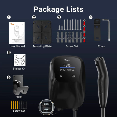 Tesla EV Charger Level 2 48 Amp 240 Volt Hardwired DIY EVSE Fast Charge Station components including mounting and tools