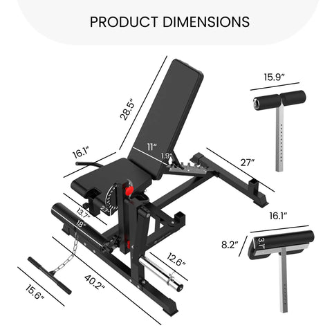 GLX Adjustable Weight Bench With Leg Extension And Curl Machine dimensions diagram for home gym workouts.