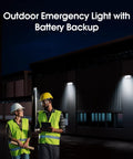 Two workers with safety vests discussing near Heavy Duty Outdoor Emergency Light With Battery Backup And Hardwired Exterior Exit Fixtures.