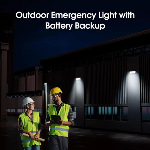 Two workers with safety vests discussing near Heavy Duty Outdoor Emergency Light With Battery Backup And Hardwired Exterior Exit Fixtures.