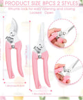 Pink handles on Eight Piece Garden Shears Set In Four Color Variants for all-in-one yard work, bypass pruners and straight blade scissors shown.