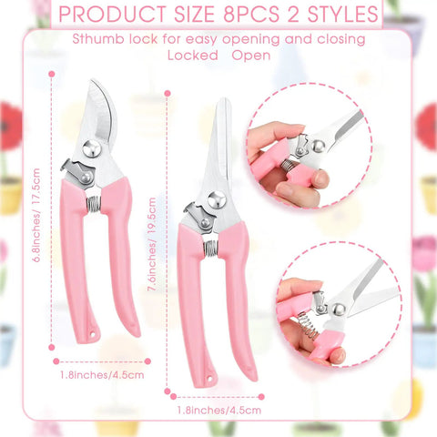 Pink handles on Eight Piece Garden Shears Set In Four Color Variants for all-in-one yard work, bypass pruners and straight blade scissors shown.