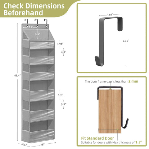 Over the Door Shoe Rack Organizer 6 Tier 66 Lbs Capacity 600D Oxford Fabric Grey 2 Pack dimensions and hook detail.