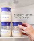 Soft Anti Colic Nipples For Everyday Bottle Feedings Paired With 5 Oz Breastmilk Storage Bottles In A Four Pack For No Sweat Pumping And Cool Freezer Stash, stackable design.