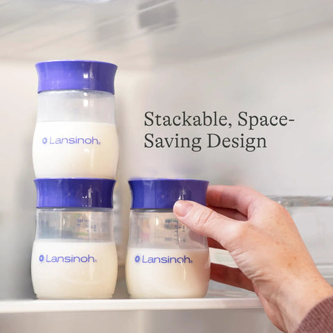 Soft Anti Colic Nipples For Everyday Bottle Feedings Paired With 5 Oz Breastmilk Storage Bottles In A Four Pack For No Sweat Pumping And Cool Freezer Stash, stackable design.
