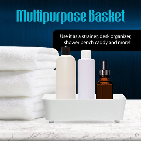 White multipurpose basket holding toiletry bottles, stacked towels beside, text reads 'use it as a strainer, desk organizer'. 