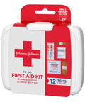 Grab And Go Mini First Aid Kit For Travel Emergency Wound Care With Adhesive Bandages Gauze Pads And Wipes For Purse Backpack Gym Bag Car Or Luggage 12 Count, featuring compact white case with red cross and branding, packaged for easy carrying.