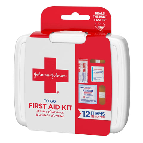 Grab And Go Mini First Aid Kit For Travel Emergency Wound Care With Adhesive Bandages Gauze Pads And Wipes For Purse Backpack Gym Bag Car Or Luggage 12 Count, featuring compact white case with red cross and branding, packaged for easy carrying.