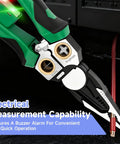 8-In-1 Wire Stripper With Voltage Tester, green heavy-duty electrician pliers measuring voltage with buzzer alarm.