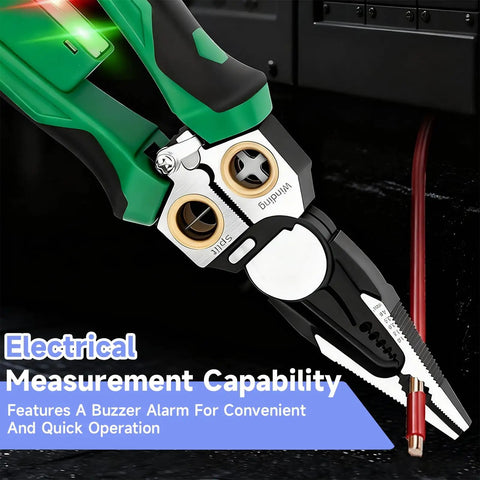 8-In-1 Wire Stripper With Voltage Tester, green heavy-duty electrician pliers measuring voltage with buzzer alarm.