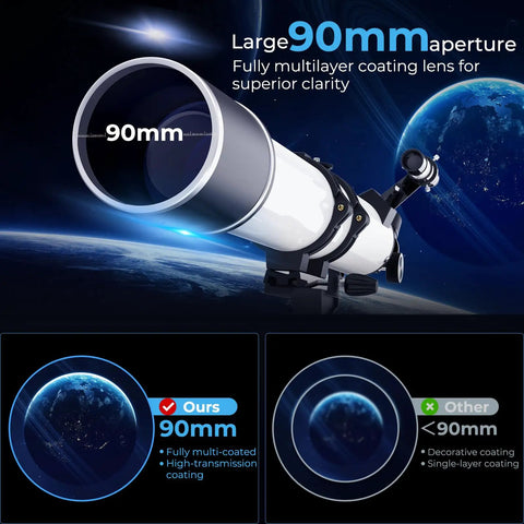High Powered 90mm Refractor Telescope For Adults With 900mm Focal Length showing large aperture for superior clarity