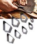 8 Piece Leather Punch Die Set Diamond Shaped Holes For Leather Craft Dope High Carbon Steel Cutting Dies Hollow Punch Cutter Tool Durable Easy To Use Hammer Action For DIY Projects, showing 8 steel dies and a leather cutting scene