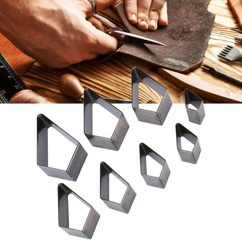 8 Piece Leather Punch Die Set Diamond Shaped Holes For Leather Craft Dope High Carbon Steel Cutting Dies Hollow Punch Cutter Tool Durable Easy To Use Hammer Action For DIY Projects, showing 8 steel dies and a leather cutting scene