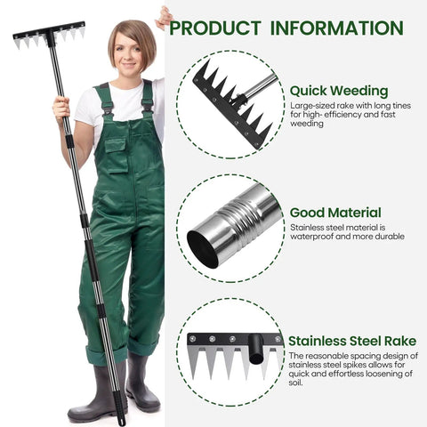 Gardener holding Ultra Sharp Serrated Stainless Steel Weeding Tool with four-section handle for effortless gardening.
