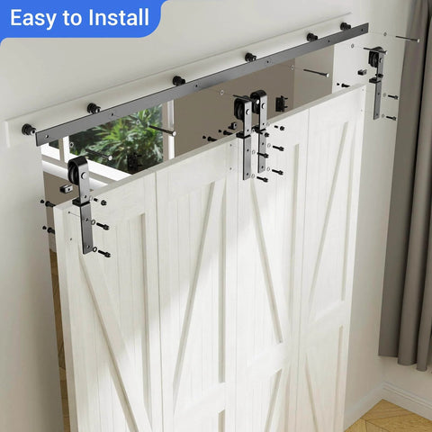72-Inch Bi-Folding Sliding Barn Door Hardware Kit For 4 Doors installed, black track with J-shape rollers, heavy-duty steel hangers