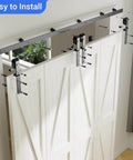 Bi Folding Sliding Barn Door Hardware Kit For Four Doors, 48 Inch Black Track installed on white doors