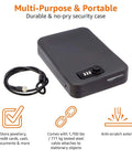 Portable Security Case With Combination Lock Four Pack XL Black For Valuables And Documents Dorm Room Safe Travel Ready Anti Pry Steel Construction Foam Padded Interior Compact Storage Box, shown with attached cable and lock.