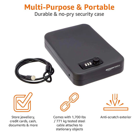Portable Security Case With Combination Lock Four Pack XL Black For Valuables And Documents Dorm Room Safe Travel Ready Anti Pry Steel Construction Foam Padded Interior Compact Storage Box, shown with attached cable and lock.