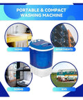 Space Saving Semi Automatic Portable Mini Washing Machine With Spin Dry Cycle For Cramped College Dorms And Studio Apartments lightweight with blue finish.