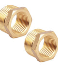 Brass pipe reducer hex bushings, 3/4 in NPT male to 1/2 in NPT female, 2-pack.