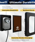 Lockable Outdoor EV Charger Enclosure With Heavy Duty Metal Wall Case For Tesla Connector And ChargePoint Unit Secure Fit With Clear View Window And No Sweat Install Setup In Matte Black, showing corrosion-resistant charger with surface cover.