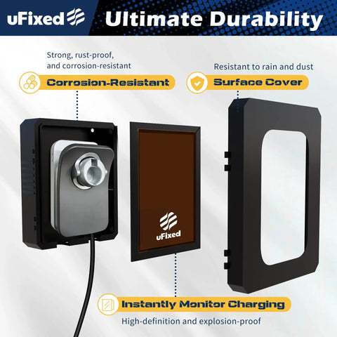 Lockable Outdoor EV Charger Enclosure With Heavy Duty Metal Wall Case For Tesla Connector And ChargePoint Unit Secure Fit With Clear View Window And No Sweat Install Setup In Matte Black, showing corrosion-resistant charger with surface cover.