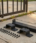 Heavy Duty Sliding Bar Gate Latch With Padlock Hole In Matte Black Metal For Outdoor Garden Sheds And Fences Built Tough With Straight Up Secure Locking Action That Is The Real Deal, including mounting plates and screws